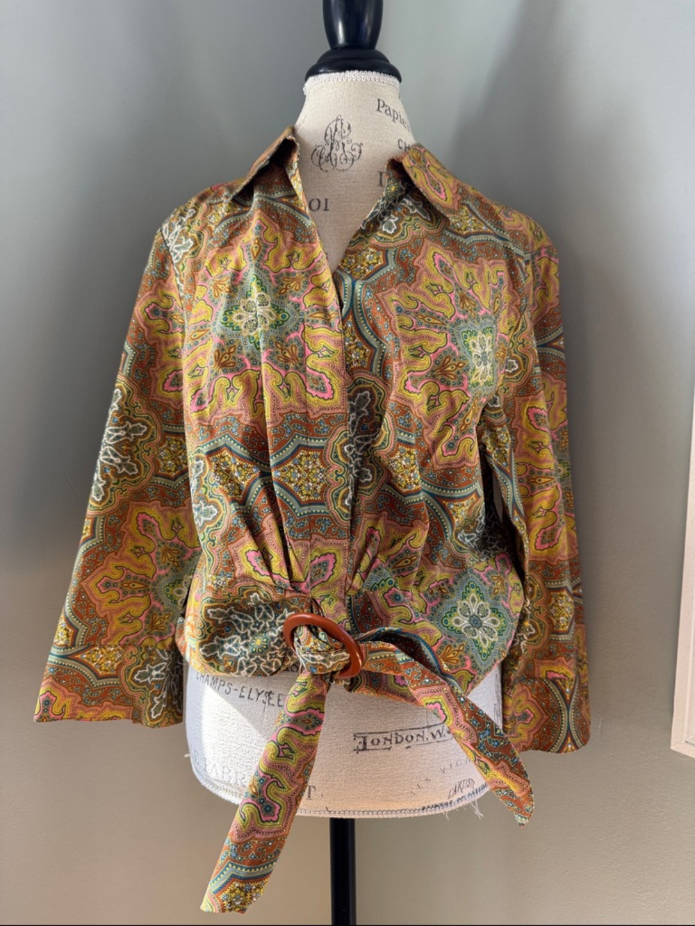 LaFayette 148 cotton brown pink paisley front‎ tie button down NWOT size 16 - Picture 1 of 11
